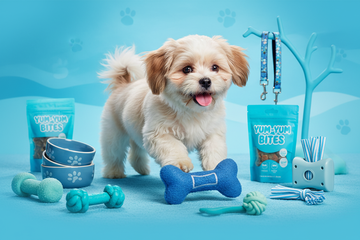 Create me a background image for a pet supplies store that includes some pet products and has a happy shih zhu puppy playing on it  Incorporate the colors #00def4 and #0180c7 in it.